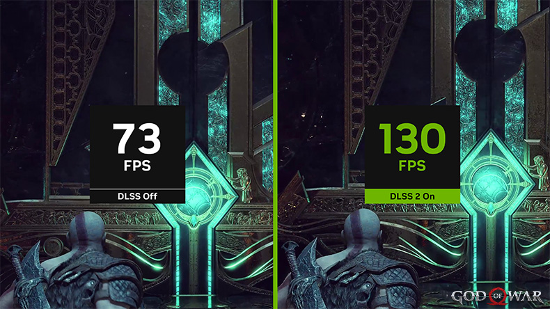 God of War: Ragnarök prestandajämförelse som visar DLSS-superupplösning från 73 FPS utan DLSS till 130 FPS med DLSS aktiverat