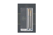 Skriv- och ritverktyg - Parker Dubbel Jotter-presentsats med penna och reservoarpenna, rostfritt stål med gulddetaljer, patron med blått bläck och patroner, presentförpackning - 2093257