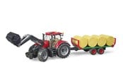 Leksaksbil - Bruder Case IH Optum 300 CVX with frontloader with bale transport trailer with 8 round bales - BR3198