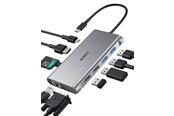 Dockning - Aukey Aluminum USB-C Hub | 10 in 1 | RJ45 Ethernet 10/100/1000Mbps | 4xUSB | HDMI 4k@30Hz | SD and microSD | USB-C Power Delivery 100W - CB-C89