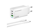 Mobile - Adapters & Chargers - Wozinsky GaN 65W Charger with USB-A 2xUSB-C Ports with 65W USB-C Cable - White - 5907769383922
