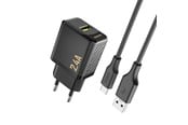 Mobile - Adapters & Chargers - Dudao A23TEU 2.4A GaN USB-A wall charger with USB-A cable - USB-C - black - 6976625334018