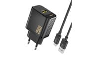 Mobile - Adapters & Chargers - Dudao A27STEU 25W GaN USB-A Wall Charger with USB-A - USB-C - Black Cable - 6976625334889