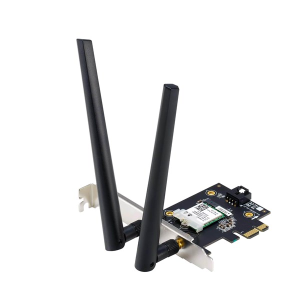 ASUS PCE-AXE5400 WiFi 6E PCI-E Adapter with 2 external antennas. Supporting 6GHz band 160MHz Bluetooth 5.2 WPA3 network security OFDMA and MU-MIMO