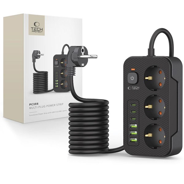 Tech-Protect Power Strip PC3X6 3 Sockets 240V + 3xUSB-A + 3xUSB-C 200cm - Black