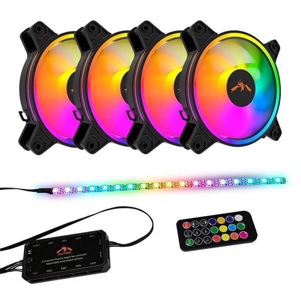 DUTZO RGB Kit 4 - 4x fläktar + 1x LED strip + fjärrkontroll & controller - 120mm - Svart med RGB LED - 24 dBA