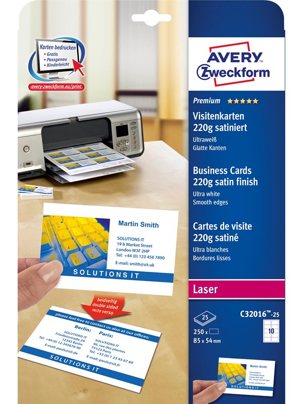 Avery Quick&Clean™-visitkort, premium satin, Designa och skriv ut själv, 220 g/m², Färglaserskrivare, S/V laserskrivare, Kopieringsmaskin