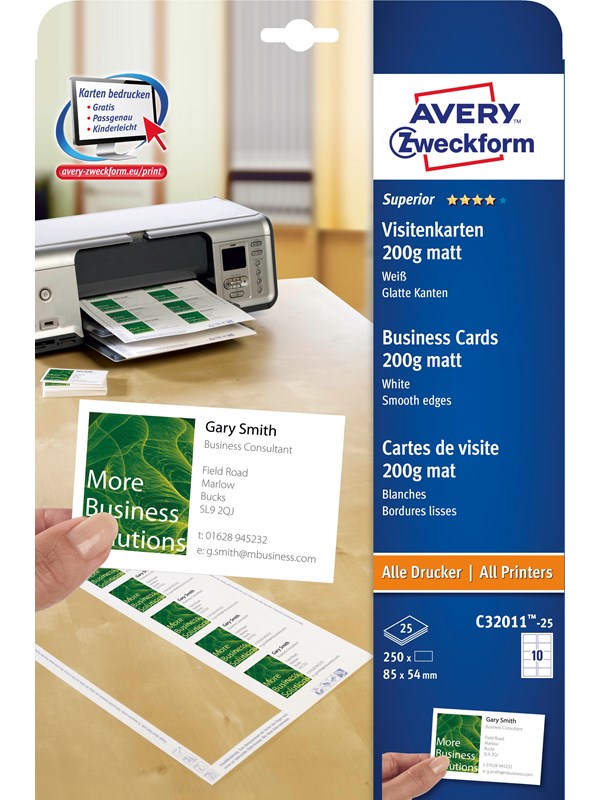 Avery Quick&Clean™-visitkort, superior mat, Designa och skriv ut själv, 200 g/m², Bläckstråleskrivare, Färglaserskrivare, S/V laserskrivare, Kopieringsmaskin
