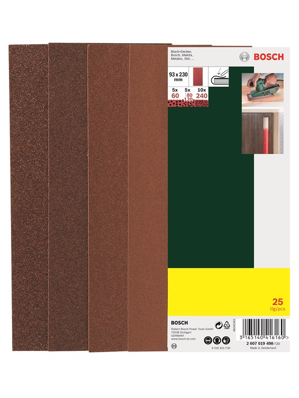 Bosch 25-delars planslippapperssats, kornstl 60, 80, 120, 240 G= 60, 80, 120, 240, inga hål