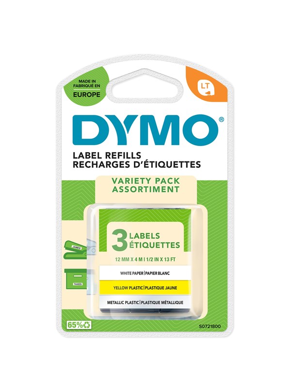 Produktfoto för DYMO LetraTag-etikettstartsats med pappers-, plast- och metalloriginaletiketter | Rullar på 12 mm × 4 m | Självhäftande | 3 rullar | För LetraTag etikettskrivare