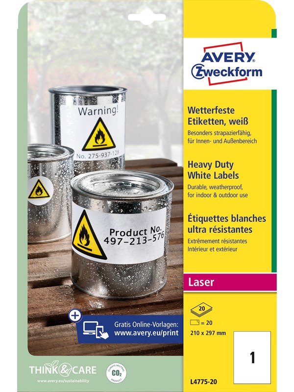 Avery Slitstarka etiketter, vita, Klarar värme, kyla, fukt, utomhusbruk, 210 x 297 mm, Laserskrivare