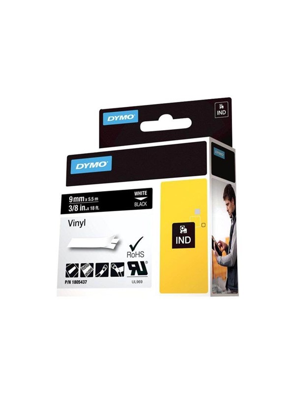 DYMO Rhino industri vinyl tejp, 9 mm x 5.5 m kassett, vit på svart, självhäftande