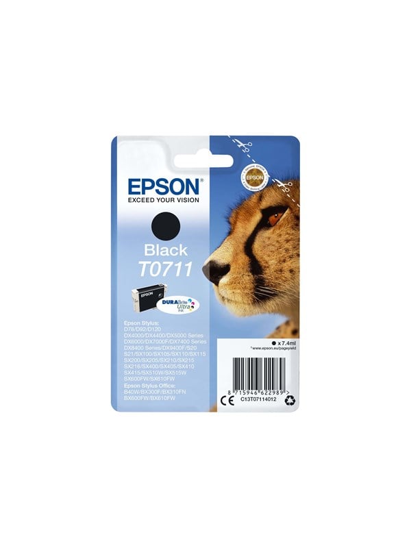 Produktfoto för Epson Bläckpatron T0711, C13T07114012, Cheetath, DURABrite Ultra-bläck, svart, singelförpackning