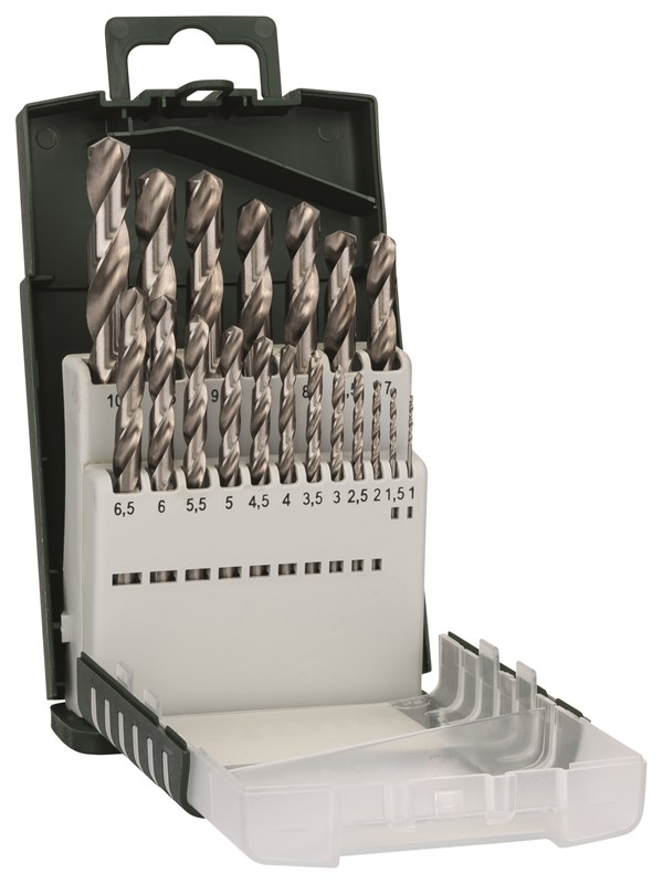 Bosch 19-delars HSS-G-metallborrsats, DIN 338 1,0; 1,5; 2,0; 2,5; 3,0; 3,5; 4,0; 4,5; 5,0; 5,5; 6,0; 6,5; 7,0; 7,5; 8,0; 8,5; 9,0; 9,5; 10,0 mm