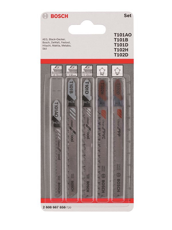 Bosch 5-delars sticksågsbladsats Wood and Plastics T 101 AO; T 101 B; T 101 D; T 102 H; T 102 D