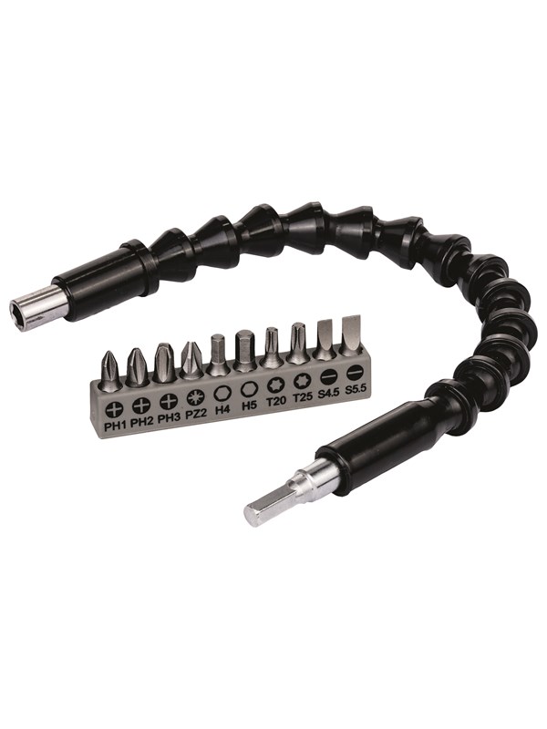 Bosch 11 delars flexibel plastförlängning SDB Plastförlängning, 300 mm, skruvmejsel spetssats, PH1, PH2, PH3, PZ2, Hex4, Hex5, T20, T25, SL 0.6x4.5; SL 0.8x5.5