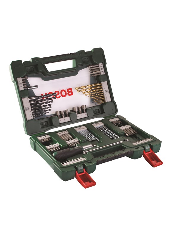 Bosch 91-delars V-Line TiN-borr- och bitsats med spärrnyckel och magnetstav