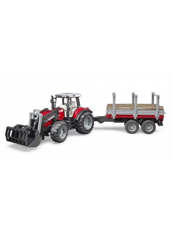 Bruder Massey Ferguson 7480 tractor with frontloader and timber trailer toy