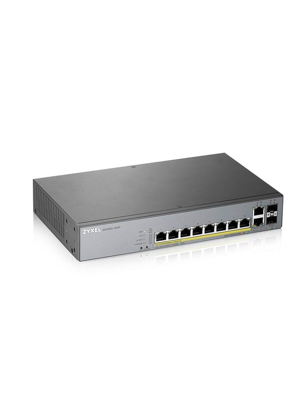 Produktfoto för Zyxel GS1350-12HP - Switch - smart - 8 x 10/100/1000 (PoE+) + 2 x 10/100/1000 (upplänk) + 2 x gigabit SFP (upplänk) - skrivbordsmodell, rackmonterbar - PoE+ (130 W)