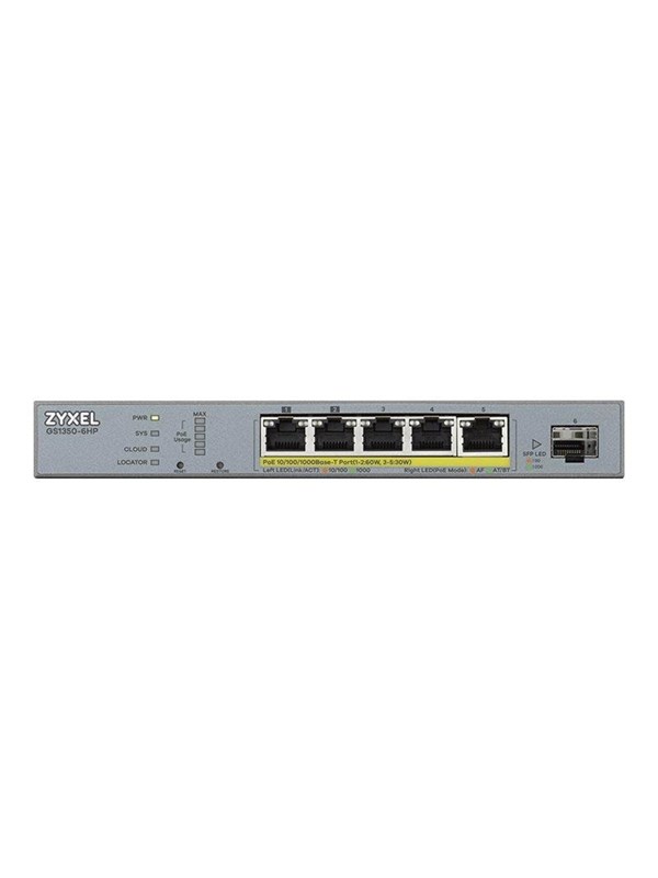 Produktfoto för Zyxel GS1350-6HP - Switch - smart - 5 x 10/100/1000 (PoE+) + 1 x gigabit SFP (upplänk) - skrivbordsmodell - PoE+ (60 W)