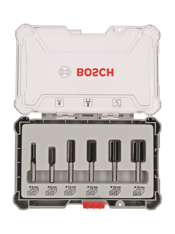 Bosch Frässtålssats, 6 delar, notfräsar, 6 mm skaft 6-piece Straight Router Bit Set.
