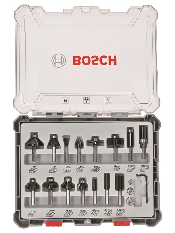Bosch Frässtålsats, 15 delar, blandad, 6 mm skaft 15-piece Mixed Application Router Bit Set.
