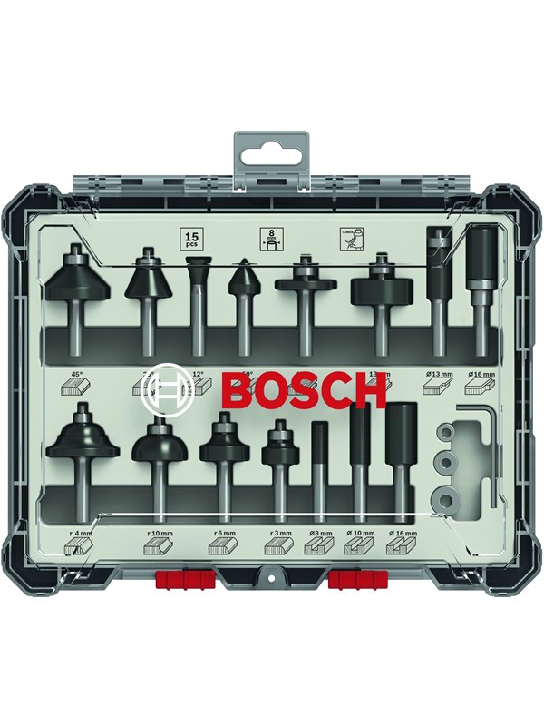 Bosch Frässtålsats, 15 delar, blandad, 1/4-tums skaft 15-piece Mixed Application Router Bit Set.