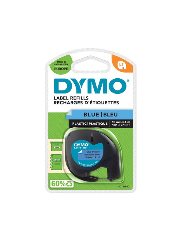 DYMO LetraTag-plastetiketter | Rulle på 12 mm × 4 m | Svart text på blå etiketter