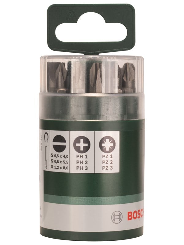 Bosch 10-delars skruvbitssats standard, blandad (S, PH, PZ) Universalhållare magnetisk; S0,5x4,0; S0,8x5,5; S1,2x8,0; PH1; PH2; PH3; PZ1; PZ2; PZ3; 25 mm