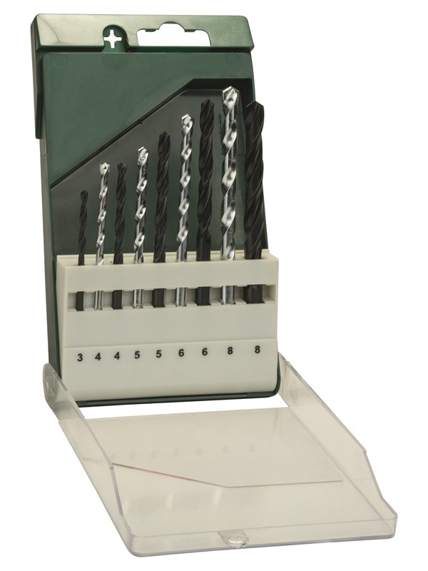 Bosch 9-delars borrsats: metall HSS-R/sten 3,0 mm x 61 mm; 4,0 mm x 75 mm; 5,0 mm x 86 mm; 6,0 mm x 93 mm; 8,0 mm x 117 mm; 4,0 mm x 75 mm; 5,0 mm x 85 mm; 6,0 mm x 100 mm; 8,0 mm x 120 mm