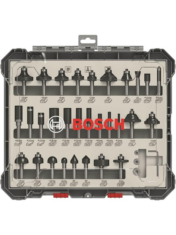 Bosch Frässtålsats, 30 delar, blandad, 1/4-tums skaft 30-piece Mixed Application Router Bit Set.
