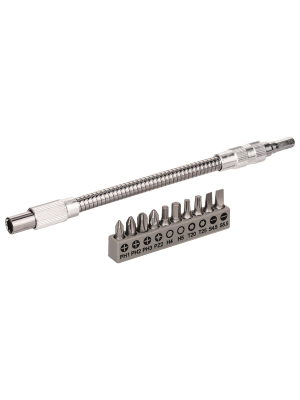 Bosch 11 delars flexibel metallförlängning SDB Flexibel metallförlängning, 200 mm, skruvmejsel spetssats, PH1, PH2, PH3, PZ2, Hex4, Hex5, T20, T25, SL 0.6x4.5; SL 0.8x5.5