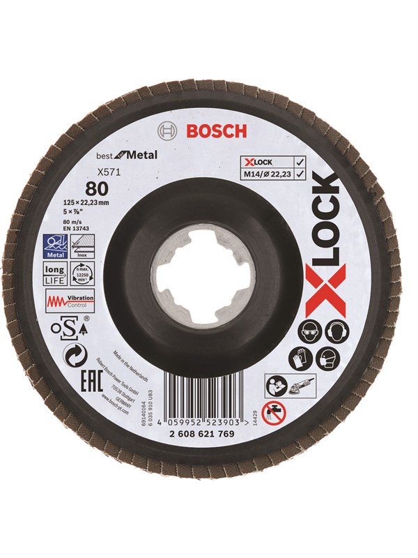 Bosch X-LOCK lamellslipskivor, vinklad version, plastplatta, Ø 125 mm, G 80, X571, Best for Metal, 1 st D = 125 mm, G = 80, vinklad