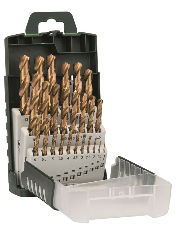 Bosch 25-delars HSS-TiN-metallborrsats, DIN 338 1,0; 1,5; 2,0; 2,5; 3,0; 3,5; 4,0; 4,5; 5,0; 5,5; 6,0; 6,5; 7,0; 7,5; 8,0; 8,5; 9,0; 9,5; 10,0; 10,5; 11,0; 11,5; 12,0; 12,5; 13,0 mm