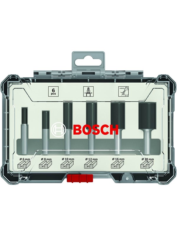 Bosch Frässtålsats, 6 delar, notfräsar, 1/4-tums skaft 6-piece Straight Router Bit Set.