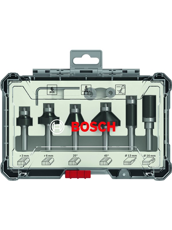 Bosch Frässtålsats, 6 delar, putsning och kantprofilering, 1/4-tums skaft 6-piece Trim and Edging Router Bit Set with 1/4" shank diameter.