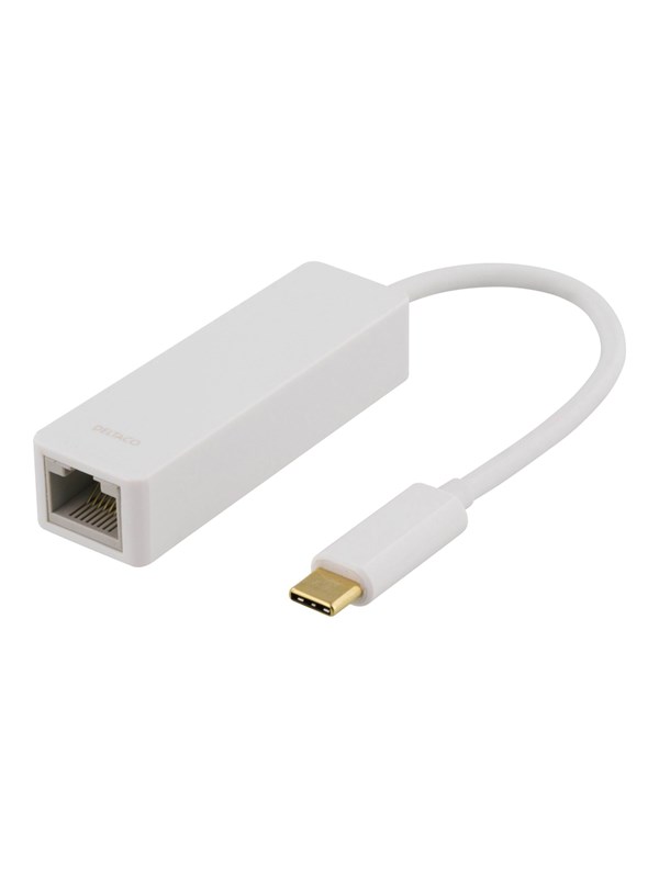 Produktfoto för Deltaco USB 3.1 nätverksadapter, Gigabit, 1xRJ45, 1xUSB 3.1 Typ C hane, vit