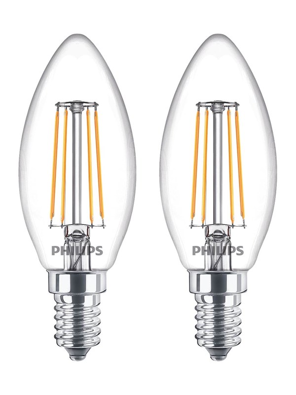 Philips LED-glödlampa Classic Candle 4.3W/827 (40W) Clear 2-pack E14