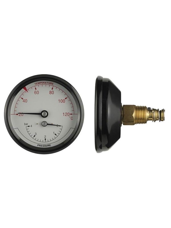 Produktfoto för Termo-manometer - Ø80, 1/2'' (bag), 0-4 bar / 20-120 C