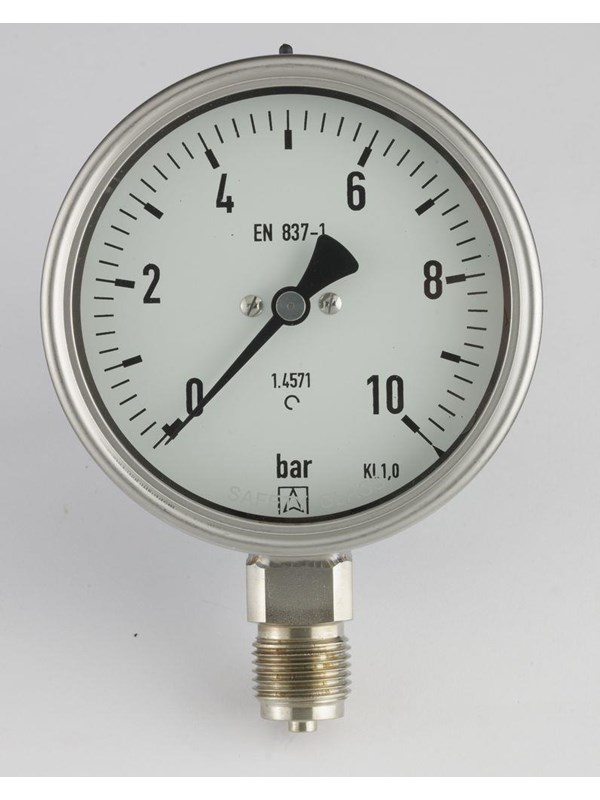 Produktfoto för Rust/syrefast manom. 0-10bar - ø100 mm m/glycerin kl. 1,0, 1/2'' ned