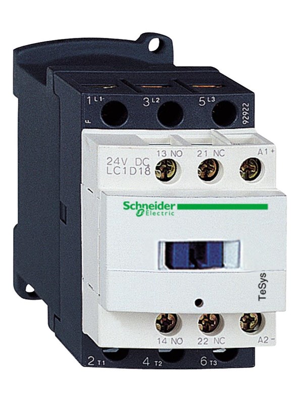 Schneider Electric Tesys d contactor lc1d18bd 3p 18a ac-3 7.5kw@400v 1no+1nc aux contact 24v dc coil