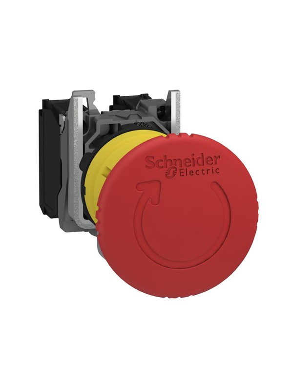 Schneider Electric Harmony emergency stop complete with ø40 mm toad head in red with push / turn function and 1xno + 1xnc xb5as8445