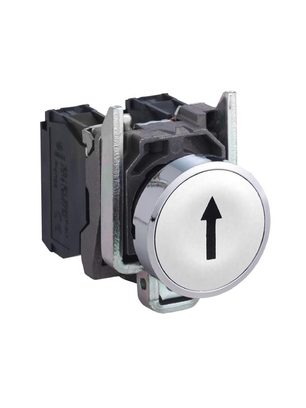 Schneider Electric Harmony push button complete with spring return and flat touch surface in white with black arrow 1xno xb4ba3341