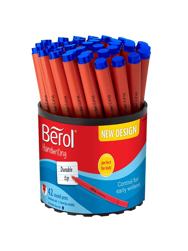 Berol Handwriting Pens | rund form | tvättbart blått bläck | färgglada skaft | burk med 42 stycken