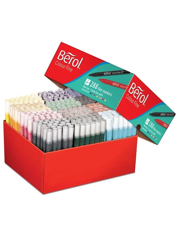 Berol målarpennor i färg | fin spets (0,6 mm) | tvättbara | sorterade färger | klassförpackning med 288 stycken