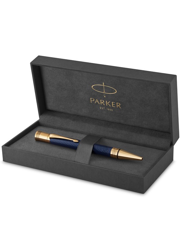 Parker Duofold kulspetspenna | Prestige Blå Vinkel Mönster | Svart bläckpatron med medium spets | Presentförpackning av hög kvalitet