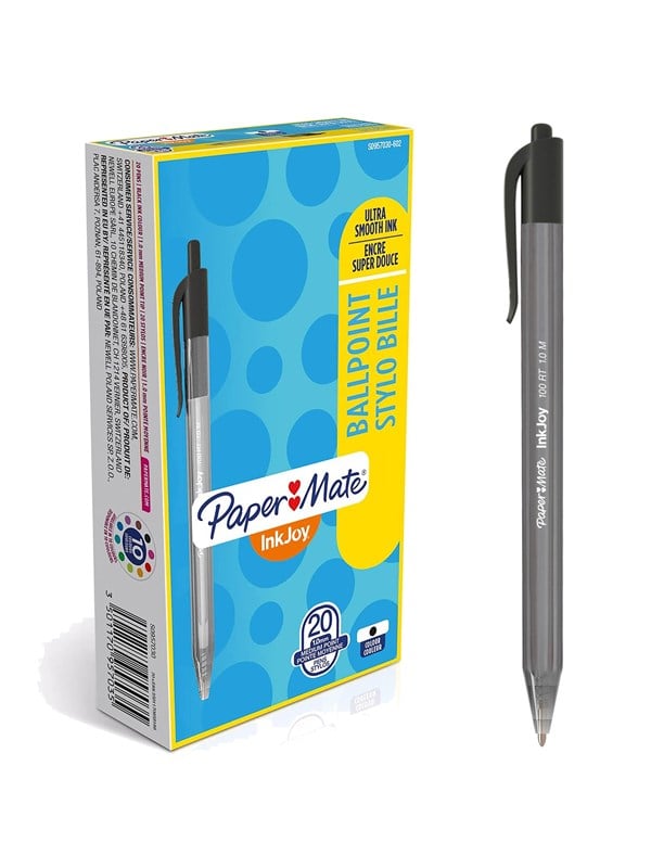 Paper Mate InkJoy 100RT Kulspetspennor med tryckknapp | Mediumspets (1,0 mm) | Svart | 20 stycken