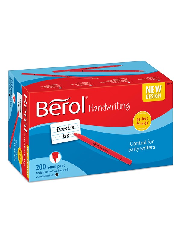 Berol Handwriting Pennor | rund form | tvättbart svart bläck | färgglada skaft | klassförpackning med 200 stycken