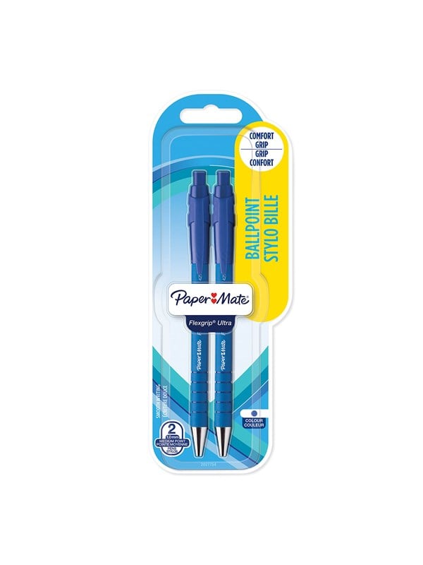 Paper Mate Flexgrip Ultra Kulspetspenna med tryckknapp | Mediumspets (1,0 mm) | Blå | 2 stycken