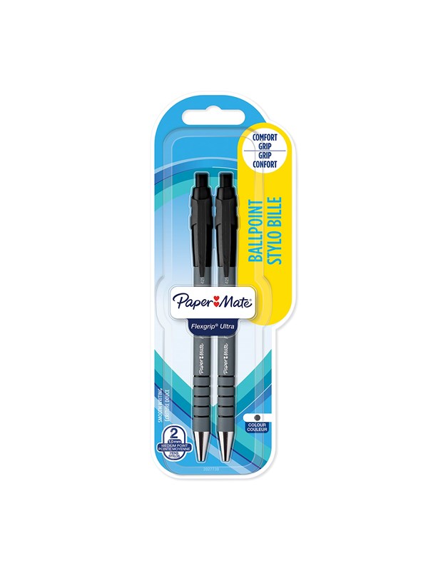 Paper Mate Flexgrip Ultra Kulspetspenna med tryckknapp | Mediumspets (1,0 mm) | Svart | Förpackning med 2